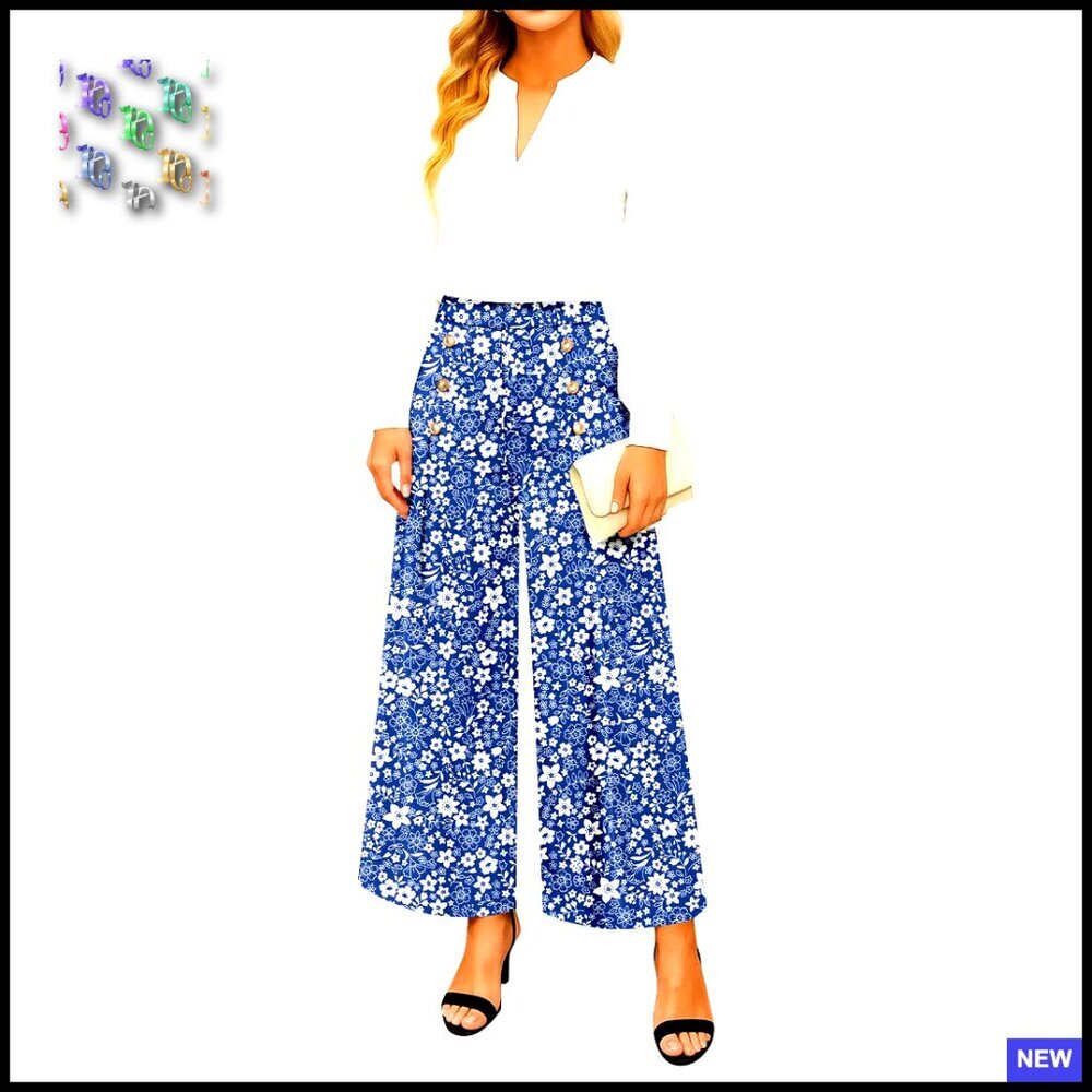 Floral Wide Leg Palazzo Pants High Waisted Elastic Casual Elegant Minimal Chic